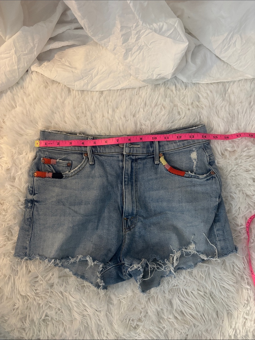 MOTHER Light Blue Denim Cutoff Shorts with Colorful Pocket Embroidery - Picture 10 of 13